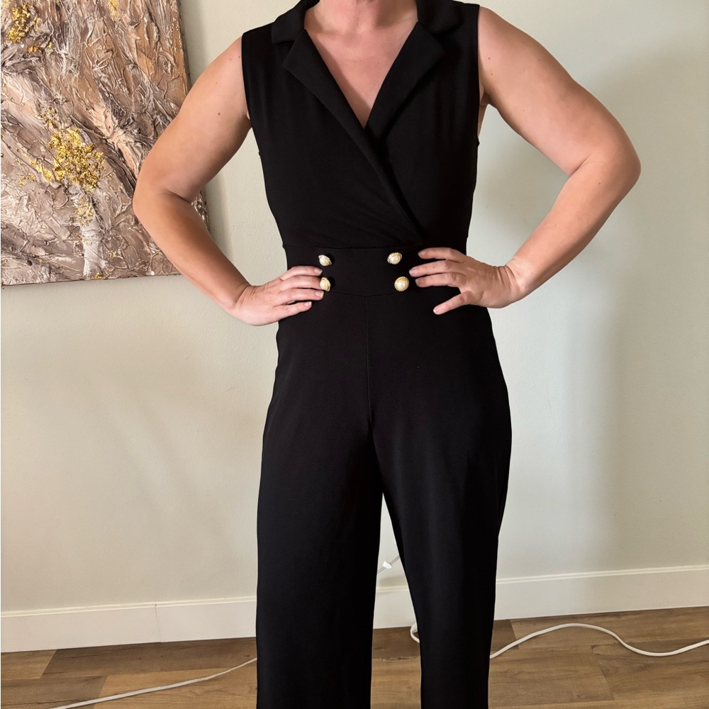 Black and Gold V-Neck Jumpsuit with Wide-Leg Design